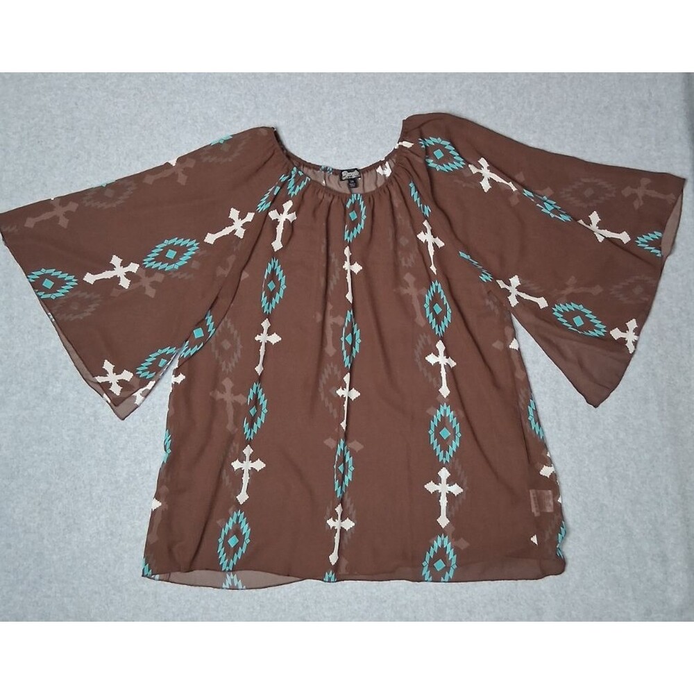 Cowgirl Hardware 3/4 Flutter Sleeve Sheer Blouse XXL Brown Crosses Western Aztec